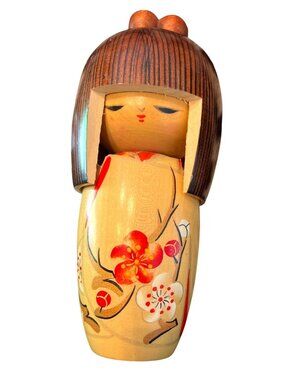 Vtg Japanese Kokeshi Wooden Doll 6.5" Signed By Artist Spring Kimono